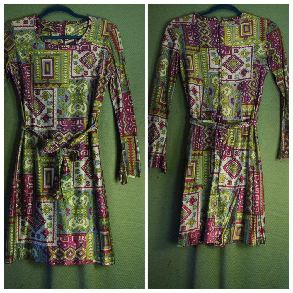 Vintage 1960s Green Blue Purple Printed Mini dress